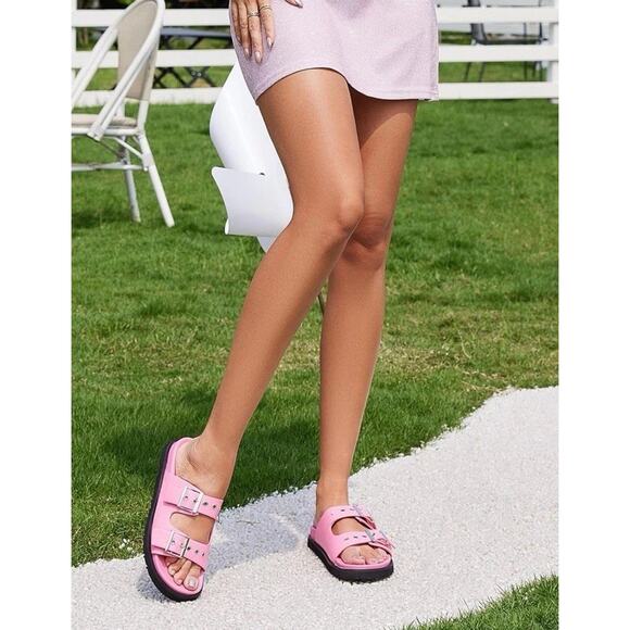 Easyfox Pink Slides Sandals Shoes Women's Size 7.5 Double Buckle Adjustable NEW - Picture 4 of 6